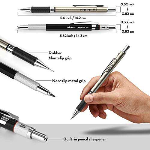 Nicpro シャーペン セット メタル製＆鉛筆 筆箱付、シャープペンシル 
