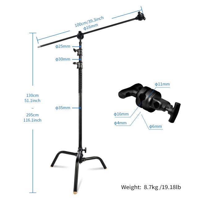 Selens Cスタンド センチュリースタンド 295cm / 116.14in調節可能 アームアーム長さ100cm / 39.3in グリップヘッド2つ付き ステンレス製