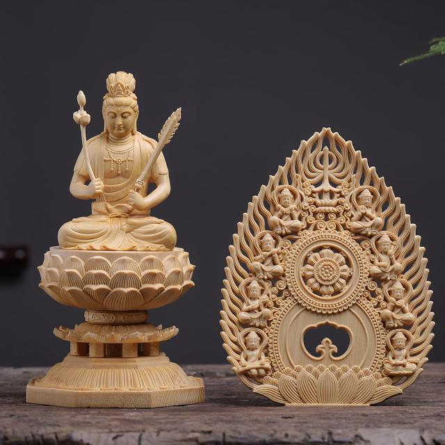 繁樓藝雕 仏像 虚空蔵菩薩 仏壇仏像 木彫り 桧木製 丑年・寅年 開運十二干支お守り本尊 祈る 厄除け 飛天光背 八角台座 （高さ28cm×巾12