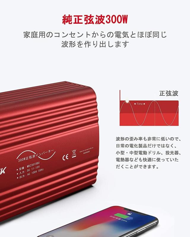 BESTEK 正弦波 インバーター シガーソケット コンセント 300W DC12Vを