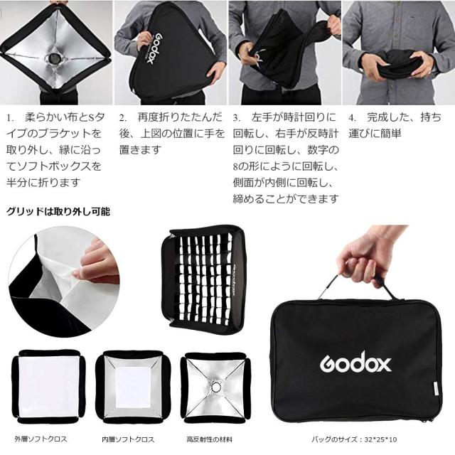 【Godox正規代理】GODOX 80x80cm グリッドソフトボックス+S2型ボーエンズマウントブラケット セット 折りたたみ 迅速収納 ボックス クリの通販は