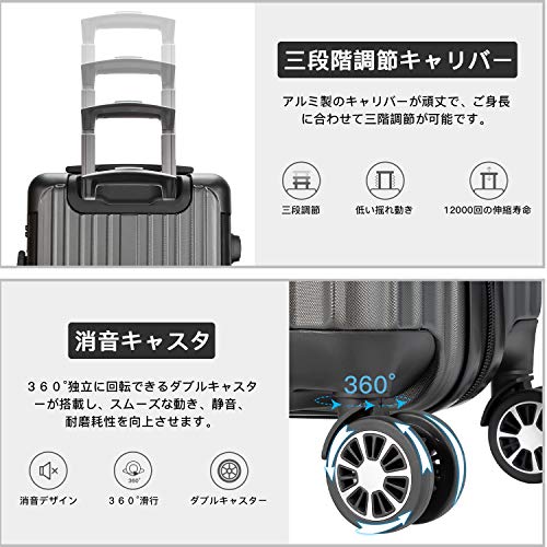 [VARNIC] スーツケース キャリーバッグ  ダブルキャスター 耐衝撃  TSAローク搭載 (S サイズ(40.5L, 灰)