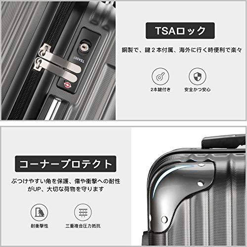 [VARNIC] スーツケース キャリーバッグ  ダブルキャスター 耐衝撃  TSAローク搭載 (S サイズ(40.5L, 灰)