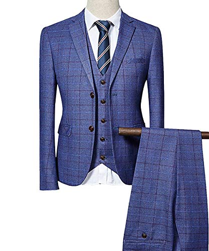 [YFFUSHI] スーツ メンズ スリーピーススーツ セット 2つボタン ストライプ チェック ビジネス 就職 結婚 XS-5XL セットアップ ブルー ネ YFFUSHI] スーツ メンズ スリーピーススーツ セット 2つボタン