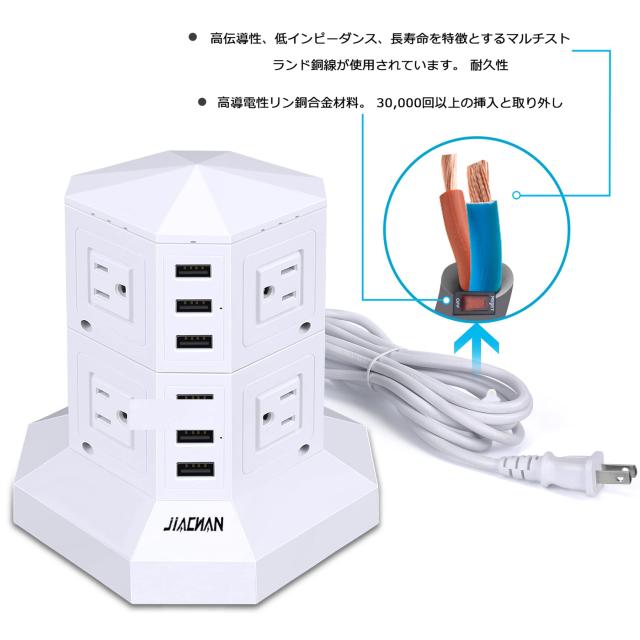 雷ガード 過負荷保護 1500W タワー式電源タップ 縦 8AC 6USB 雷ガード 過