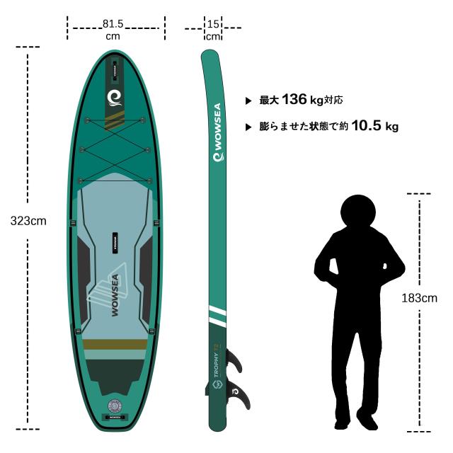 WOWSEA Trophy T2 サップ インフレータブル スタンドアップパドルボード 10.6’(320cm)×32”(80cm)×6”(15cm) 安定性 SUPボード ヨガ 釣り_7