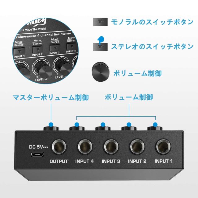 Moukey オーディオミキサー 4チャンネル usb DC 5V超低ノイズ サブ