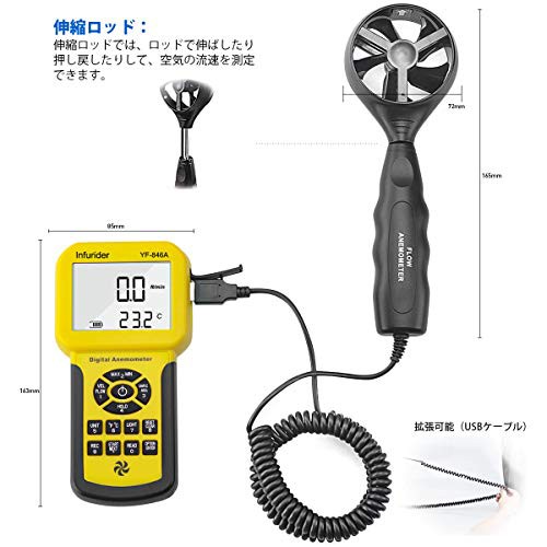 デジタル風速計 INFURIDER YF-846Aハンドヘルド風量計 風力計 風向計 空気流量計 CFM CMM  HVAC風速風量測定器、温度計搭載、バックライト｜au PAY マーケット