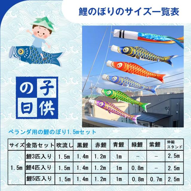 元気人形工房 鯉のぼり こいのぼり 金箔 1.5mセット ベランダ用 子供の日 端午の節句 初節句 こどもの日 五月五日 2m伸縮スタンド付 高級_6