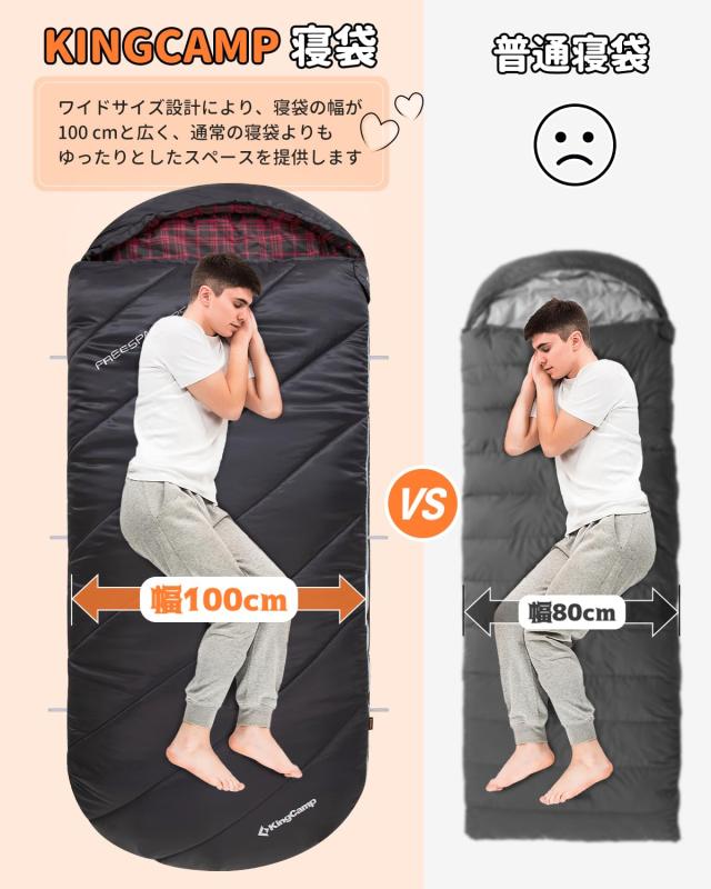 KingCamp 寝袋 シュラフ フランネル生地 冬用 オールシーズン 封筒型 大きいサイズ 幅100cm 2.1KG コンパクト防水 洗える sleeping bag