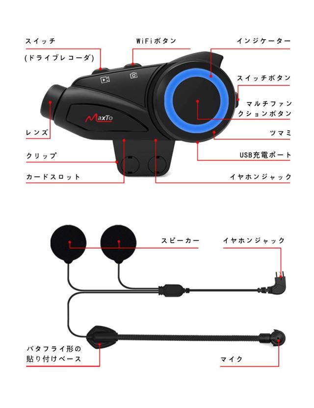 バイク インカム MAXTO M3 カメラ付き 最大 6人同時通話