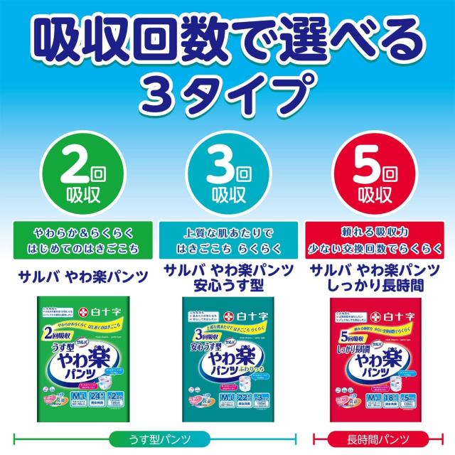 サルバ 白十字 パンツタイプ やわ楽 しっかり長時間 L~LL 5回 22枚×3個【歩ける方・座れる方に】【ケース販売】_2