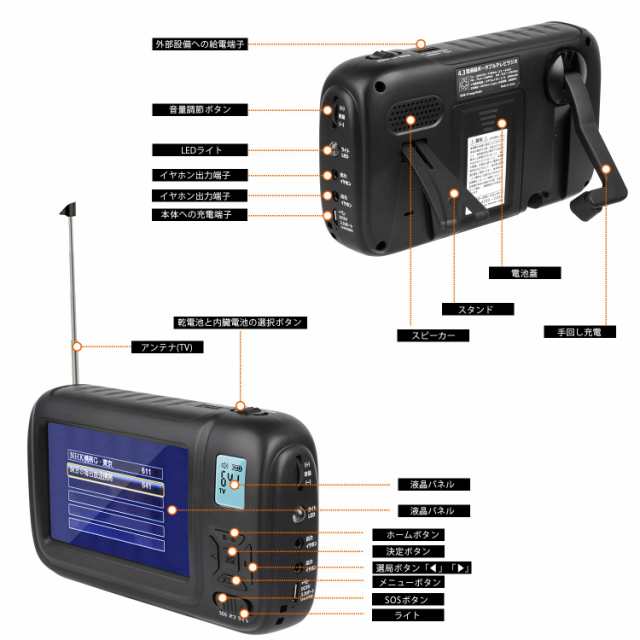 PSE認証済】携帯テレビ ポータブルテレビ ラジオ FM/AM/ワイドFM ワンセグポケットTV 手回し充電 Ledライト付き サイレン 防災グッズ  の通販はau PAY マーケット - Litlulu Meena | au PAY マーケット－通販サイト