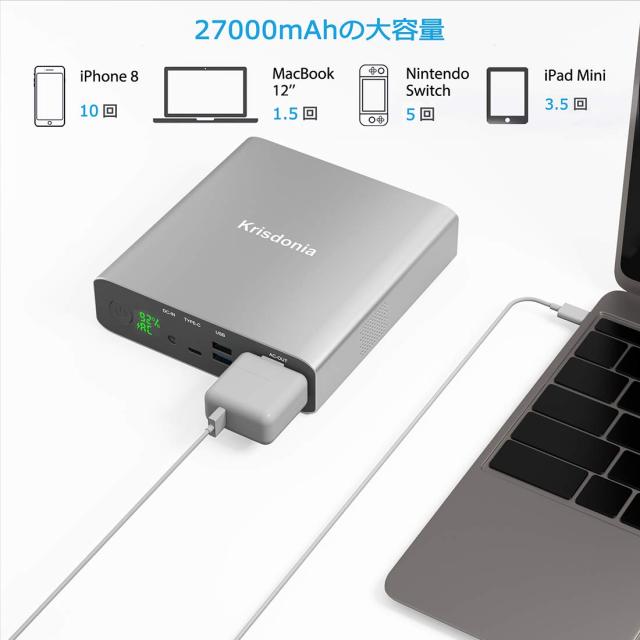 Krisdonia ポータブル電源 27000mAh/130W 大容量 モバイルバッテリー 