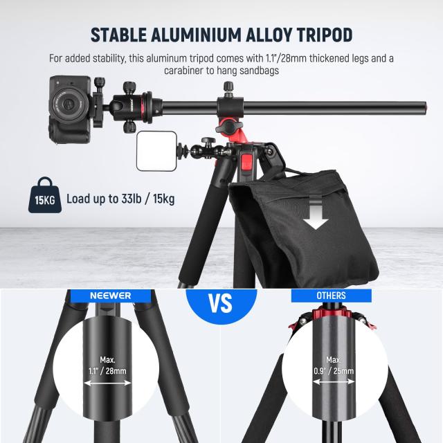 NEEWER 200cm カメラ三脚 一脚 センターコラム、ボールヘッド、ArcaタイプQR プレート、ケース付き 水平三脚 オーバーヘッドカメラマウン_1