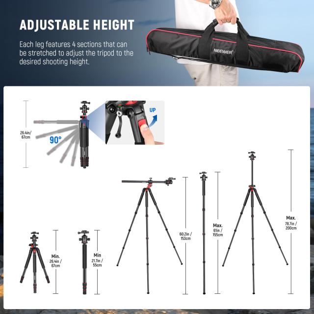 NEEWER 200cm カメラ三脚 一脚 センターコラム、ボールヘッド、ArcaタイプQR プレート、ケース付き 水平三脚 オーバーヘッドカメラマウン_5