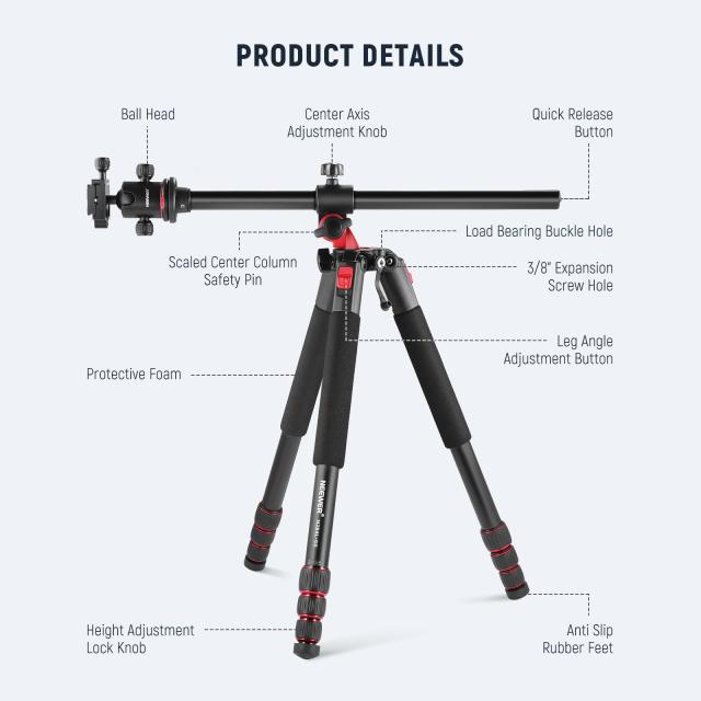 NEEWER 200cm カメラ三脚 一脚 センターコラム、ボールヘッド、ArcaタイプQR プレート、ケース付き 水平三脚 オーバーヘッドカメラマウン_8