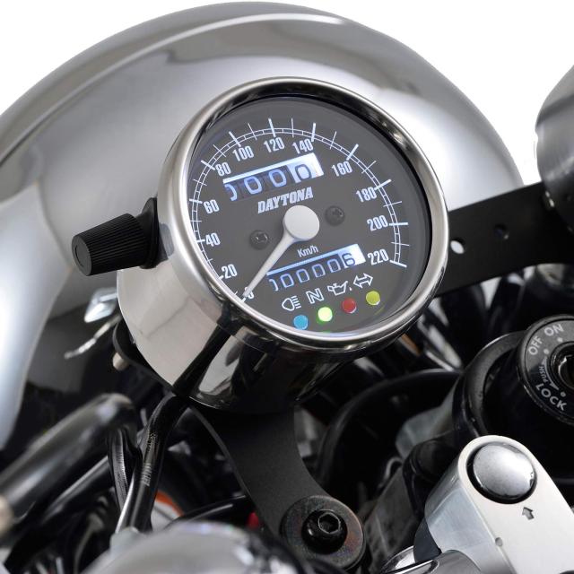 デイトナ(Daytona) バイク用 機械式 スピードメーター ステンレスボディ/ブラックパネル/ホワイトLED φ60 220km/h表示 インジケーター付_1