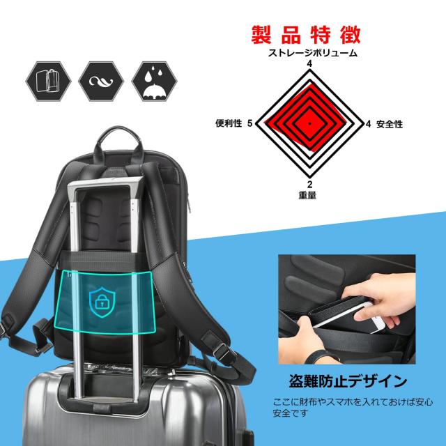 BOPAI] リュックメンズ 本革 防水USB充電ポート付き 薄マチ 軽量 防水