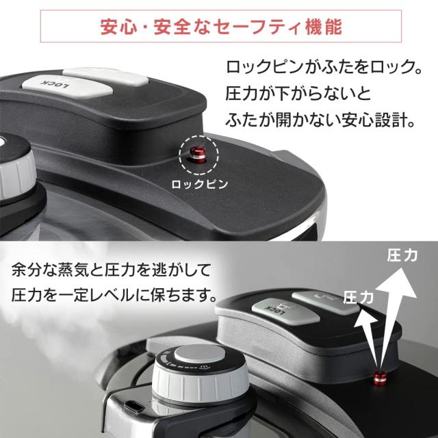 【光熱費節約・時短】アイリスオーヤマ 圧力鍋 3L+5L鍋 IH対応 10年保証 3層底 切り替え式 レシピ付き 両手鍋 ワンタッチ開閉 圧力2段切_5