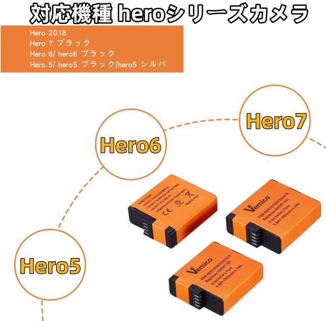 Vemico gopro バッテリー ゴープロHero 7 ブラック/Hero 6/Hero 5 対応 USB充電器付き Type Vemico Hero : 6⁄Hero 0 充電器セット Vemico gopro バッテリー ゴープロHero 7 ブラック/Hero 6/Hero 5 対応 USB充電器付き Type Vemico Hero : 6⁄Hero 0 充電器セット