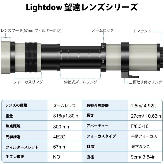 Lightdow 望遠ズームレンズ 420-800mm f/8.3-16 for キヤノンEF/EF-S レンズfor Canon EOS Kiss X10i X10/250D X9i X9 X8i X7i X6i X5 X4