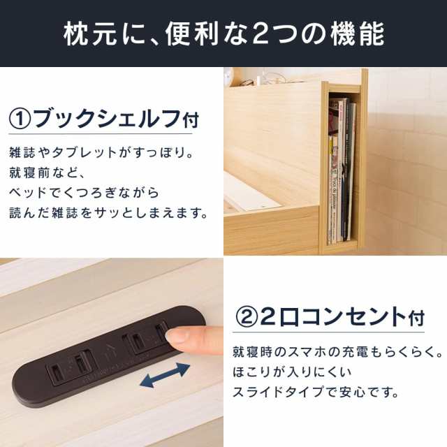 アイリスプラザ ベッド ベッドフレーム 棚付き 2口コンセント ブックシェルフ付 3段階 高さ調整 すのこベッド シングル ホワイト TKSB-Sの通販は