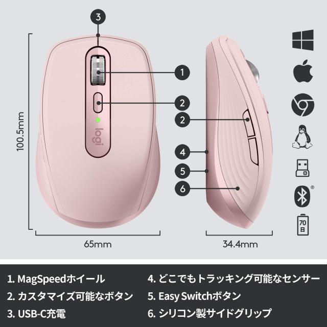 ロジクール MX ANYWHERE 3 ワイヤレス モバイルマウス MX1700RO Unifying Bluetooth 高速スクロールホイール 充電式 ワイヤレスマウス 無_5