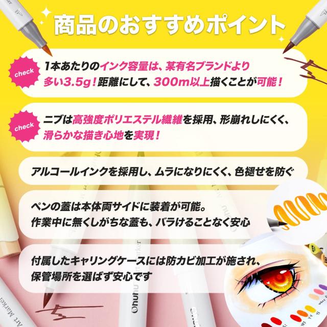 Ohuhu マーカーペン 筆タイプ 168色169本 プロ愛用 パステル イラスト イラストマーカー 筆・太字 アルコール系 ブレンダーペン1本付き H_3