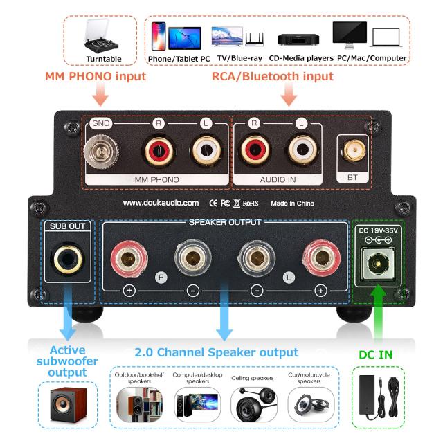 Douk Audio X1 GE5654 Bluetooth 5.0 真空管アンプ MM フォノアンプ ターンテーブル用 320W TDA7498E NE5532_8