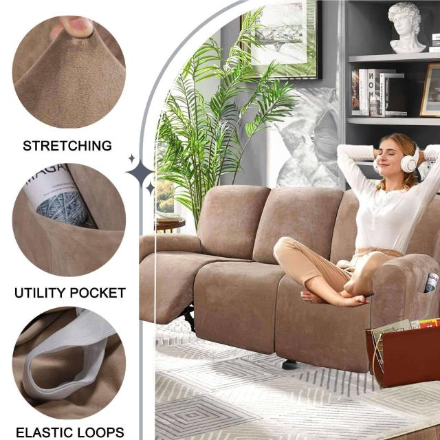 ストレッチ ベルベット リクライニングソファーカバー 3人掛け, 8-分割  