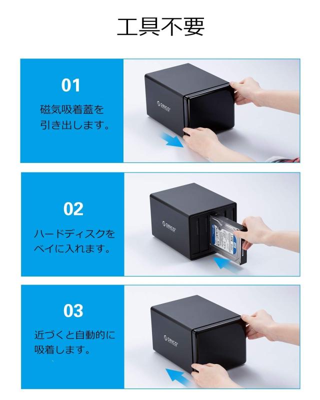 ORICO 3.5インチ HDDケース 4台対応 USB3.0接続 ドライブケース 磁気吸着式 SATA 3.0対応 最大64TBまで 5Gbps高速 ハードディスクケース の通販は