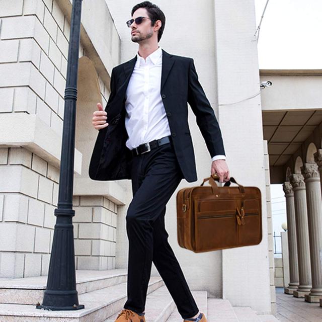 [LUUFAN] ビジネスバッグ 本革 メンズ 大容量 3収納室 ビジネス鞄 16インチ対応 底鋲付き 耐久 ブリーフケース 自立可 牛革 通勤鞄 出張 ブラウン Luufan] ビジネスバッグ 本革 メンズ 大容量 3収納室 ビジネス鞄 16