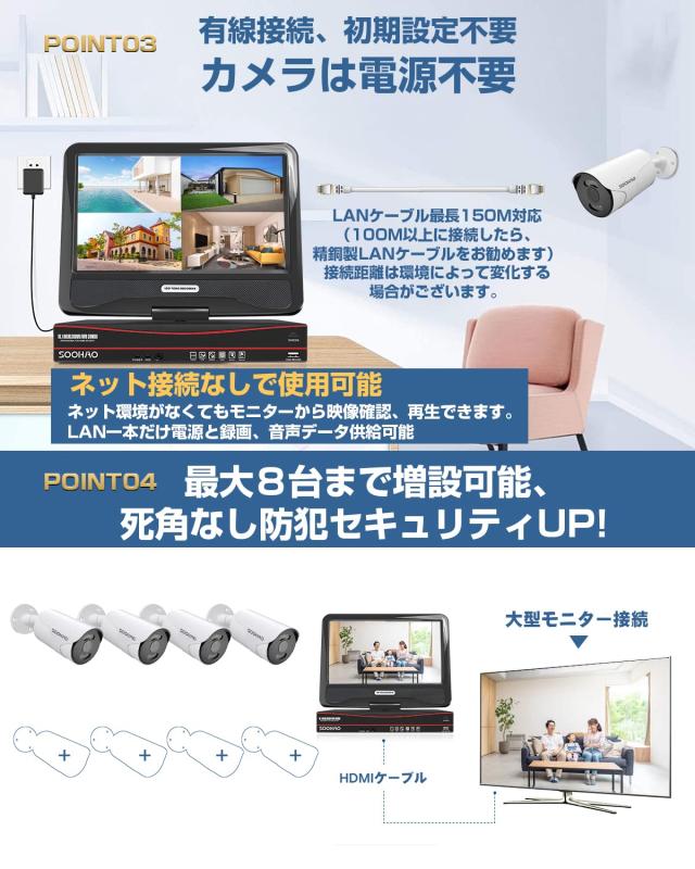 【500万画素・双方向通話・カラー暗視・4TB大容量】 SOOHAO 防犯カメラ POE給電 屋外 poe有線 4台 監視カメラ 守りカメラ 8チャンネルま