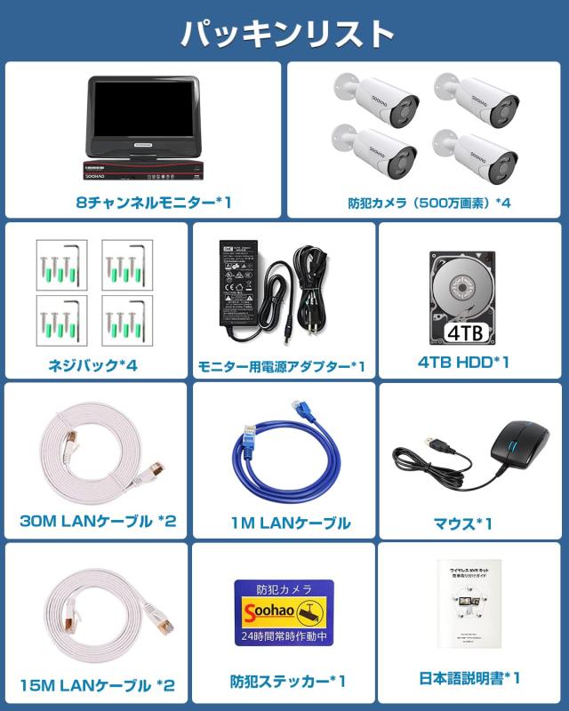 【500万画素・双方向通話・カラー暗視・4TB大容量】 SOOHAO 防犯カメラ POE給電 屋外 poe有線 4台 監視カメラ 守りカメラ 8チャンネルま