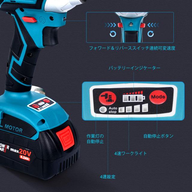 Vikky1 / 2インチ20Vコードレスインパクトレンチ4.2Ahブラシレス4スピードスクエアインターフェースインパクトレンチコンビネーションキ