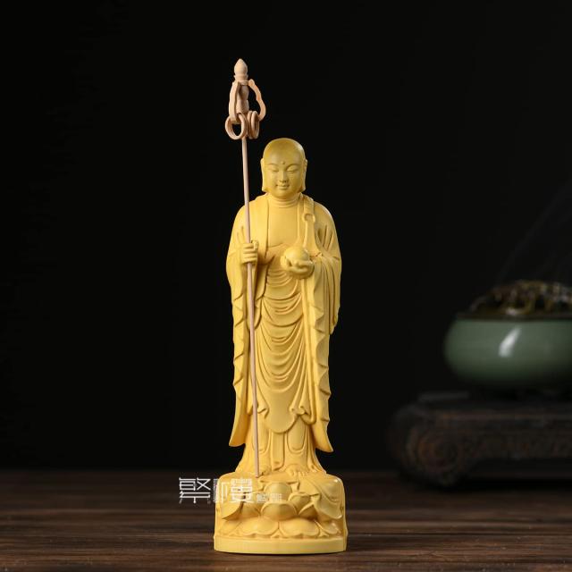 繁樓藝雕 仏像 地蔵菩薩 仏壇仏像 木彫り置物 柘植の木 祈る 厄除け 子育て 水子供養 守護 （高さ22.5cm×巾6cm×奥行5cm）