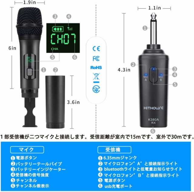 Kithouse K380Aワイヤレスマイク Bluetoothカラオケマイク 2本セット LED ディスプレイ 電池式 UHF 10チャンネル  ダイナミックマイク 6.3の通販はau PAY マーケット - libra shop | au PAY マーケット－通販サイト