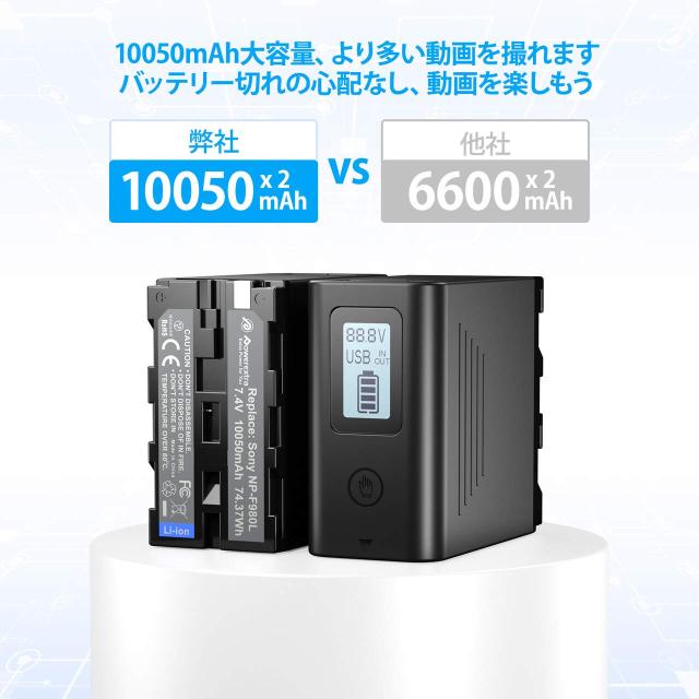 NP-F970互換バッテリー 2個セット、10050mAh 、7.4V、直接充電リチウムイオン電池、USB 出力LCD 残量ディスプレイ USB-C搭載 大容量 Sony