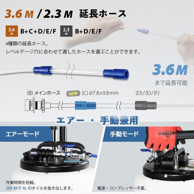 良匠 15Lオイルチェンジャー エアー手動兼用 ポンプ 液体交換 抜き取り 安全弁・オイルホース付