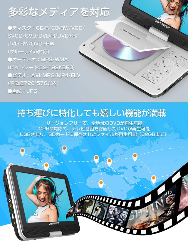 新機種】 DBPOWER ポータブルDVDプレーヤー 12.5型 車載用