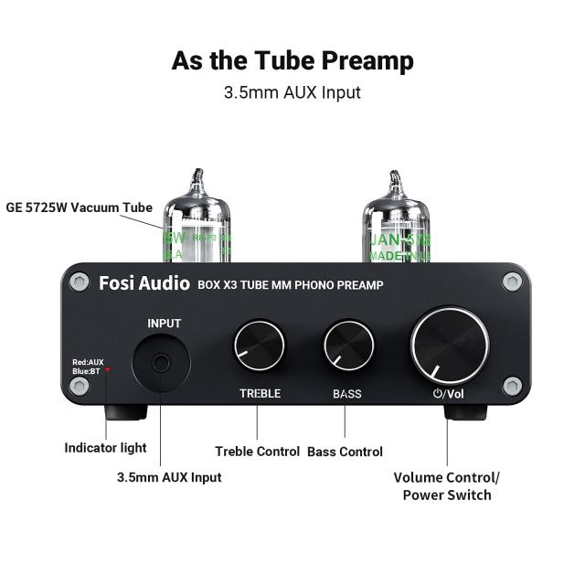 Fosi Audio BOX X3 5654W フォノ 真空管プリアンプ MMフォノグラフ用ターンテーブルプリアンプ Bluetooth 5.0 ミニ ステレオ Hi-Fi プリ_2