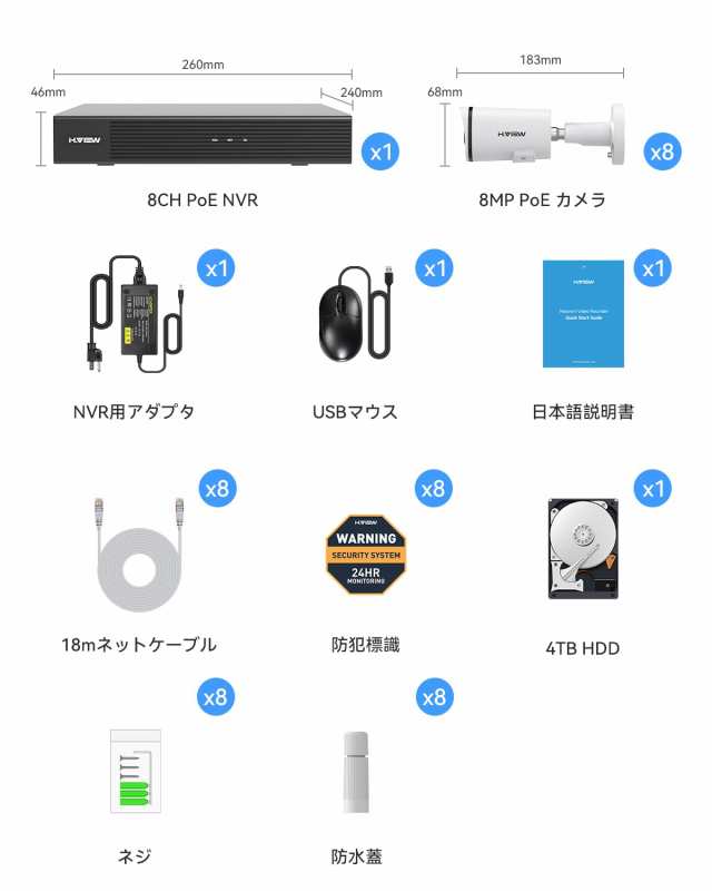 【4K画質・発光威嚇・双方向音声】H.View 800万画素 防犯カメラ 8台セット 有線 屋外 8MP PoE給電式 監視カメラ セット 家庭用 マイク内