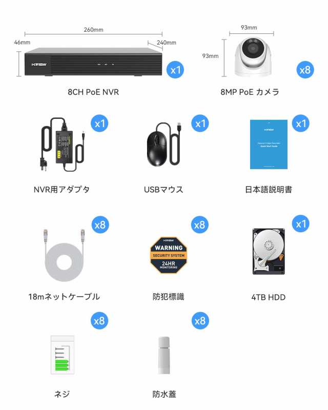 【4K画質・人体検知・発光威嚇】H.View 800万画素 ドーム型防犯カメラ 8台セット 有線 屋外 8MP PoE給電式 監視カメラ 家庭用 人体検知機