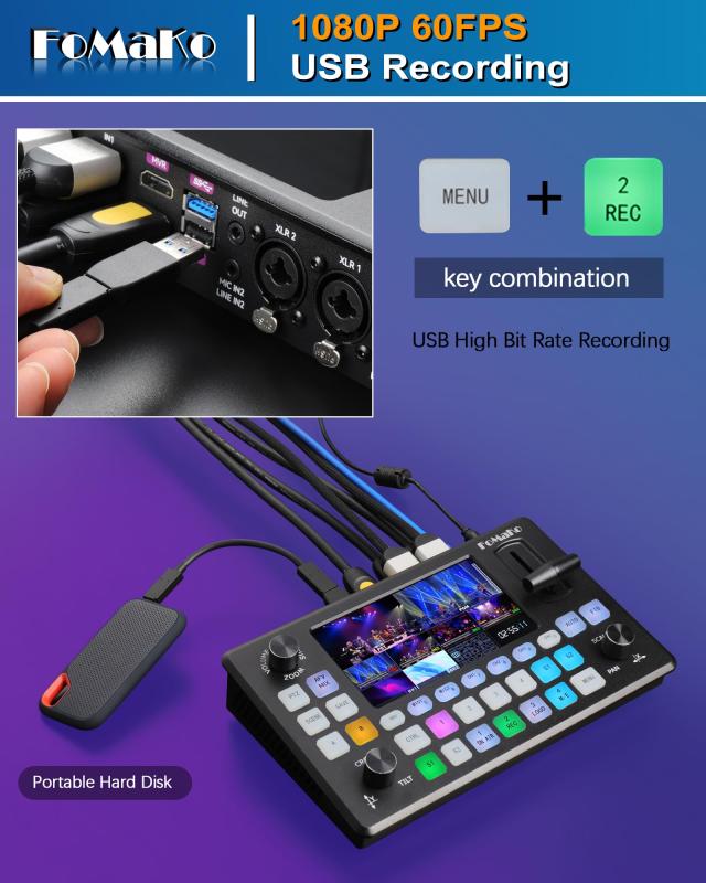 FoMaKo ビデオミキサースイッチャー ライブプロダクションスイッチャー HDMI入力4個付き 1080p 60FPS USBビデオ録画 FHD 5.5インチ LCDス