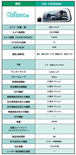 セルスター ドライブレコーダー デジタルインナーミラー 後方1カメラ CS-1000SM 前方カメラ増設可能 200万画素 FullHD HDR STARVIS 9.35_5