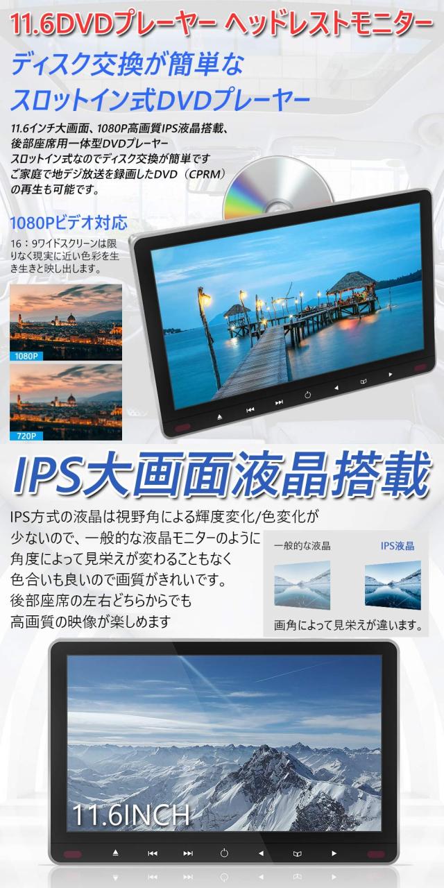【2024 新型】 スロットインで出し入れラクラク IPS液晶搭載で 大画面11.6インチヘッドレストモニター DVDプレーヤー CPRM対応 車載 全視