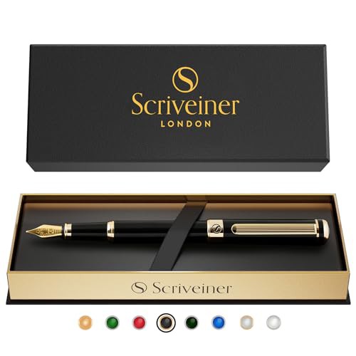 Scriveiner 製 黒漆万年筆. - 魅力的な美しさの24K金仕上げ高級万年筆、Schmidt 18K金メッキペン先（幅広）、男性にも女性にも、プロフェ