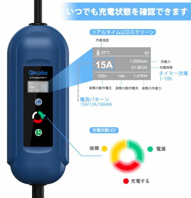 Qkcabo 1.6KW 電気自動車 充電ケーブル EV充電器 100V-125V、8A/10A/13A/16A 電流調整可能の家庭用自動車充電ガンSAE  J1772急速PHEV/EV の通販はau PAY マーケット - Ｅ４Ｌｉｆｅ | au PAY マーケット－通販サイト