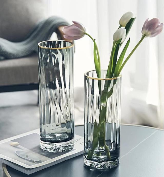 フラワーベース 花瓶 ガラス 透明 シリンダー 円柱 グレー 花器 ガラス